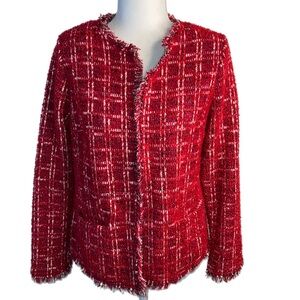 EUC Joan Rivers Plaid Fringe Christmas Lightweight Jacket Red Silver White Small